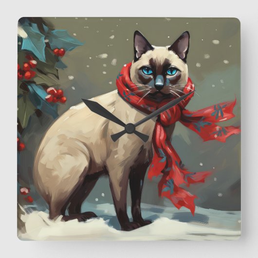 Siamese Cat in Schnee Weihnachten Quadratische Wanduhr (Vorderseite)