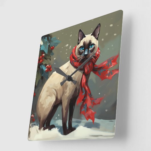Siamese Cat in Schnee Weihnachten Quadratische Wanduhr (Winkel)