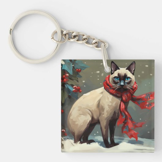 Siamese Cat in Schnee Weihnachten Schlüsselanhänger (Vorderseite)