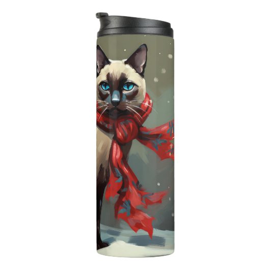 Siamese Cat in Schnee Weihnachten Thermosbecher (Nach rechts gedreht)