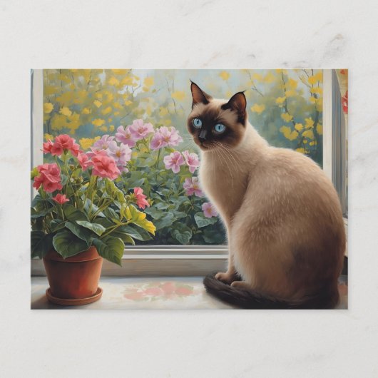 Siamese Cat in the Window with Garden View Postkarte (Vorderseite)