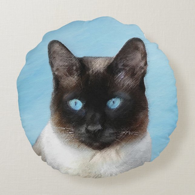 Siamese Cat Painting - Cute Original Cat Art Rundes Kissen (Rückseite)