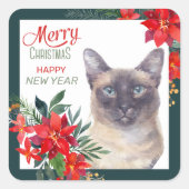 Siamese Cat Poinsettia Border Weihnachten Quadratischer Aufkleber (Vorderseite)
