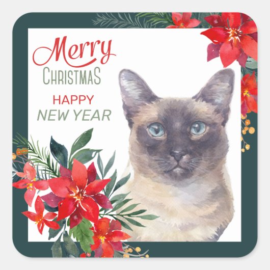 Siamese Cat Poinsettia Border Weihnachten Quadratischer Aufkleber (Vorderseite)