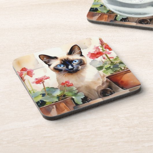 Siamese Cat Red Geranium Blume Wasserfarbe Hübsch Getränkeuntersetzer (Linke Seite)