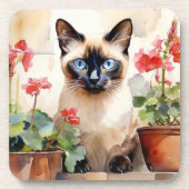 Siamese Cat Red Geranium Blume Wasserfarbe Hübsch Getränkeuntersetzer (Vorderseite)