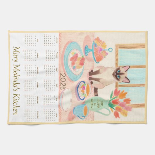 Siamese Cat & Tea Party Kitchen Towel Calendar Geschirrtuch (Horizontal)
