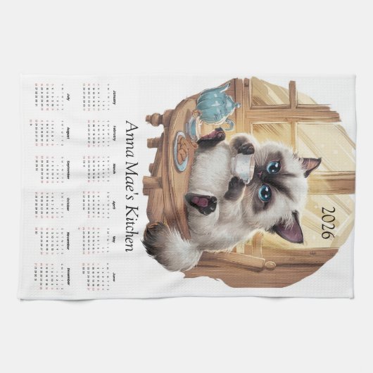 Siamese Cat & Tea Time Kitchen Towel Calendar  Geschirrtuch (Horizontal)