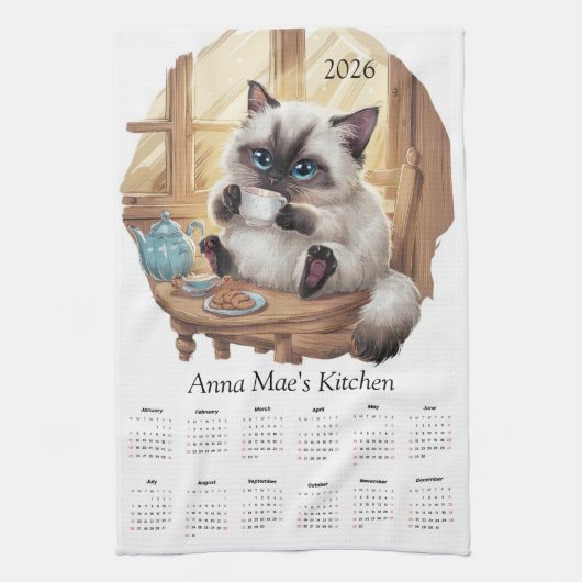 Siamese Cat & Tea Time Kitchen Towel Calendar Geschirrtuch (Vertikal)