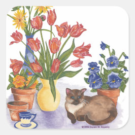 Siamese Cat Tulips Stiefmütterchens Watercolor "Ch Quadratischer Aufkleber