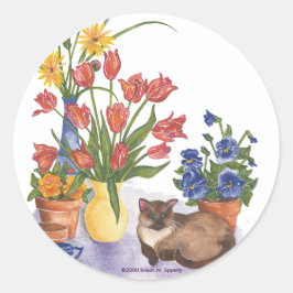Siamese Cat Tulips Stiefmütterchens Watercolor "Ch Runder Aufkleber