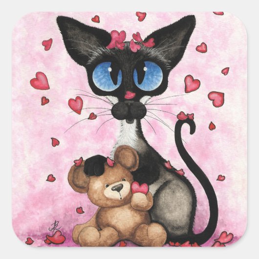 Siamese Cat Valentines Day by Bihrle Quadratischer Aufkleber (Vorderseite)