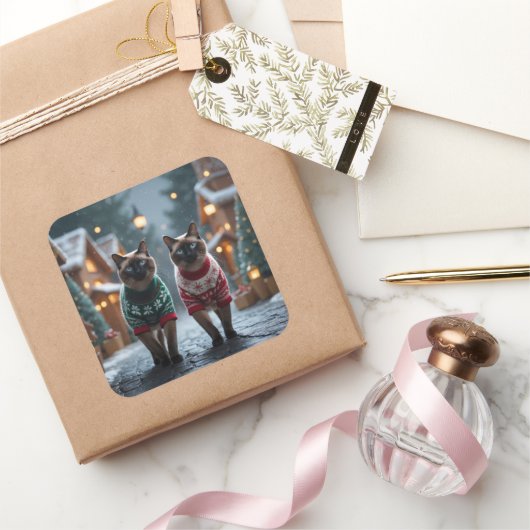 Siamese Cats Christmas Snow Holiday Quadratischer Aufkleber (Schenken)
