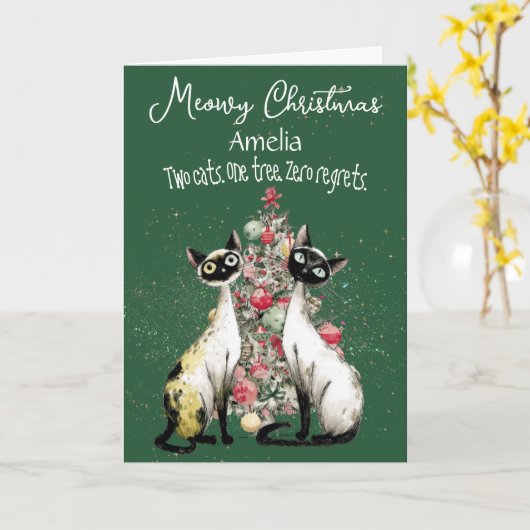 Siamese Cats In Front Of A Tree Christmas Card Karte (Gelbe Blume)
