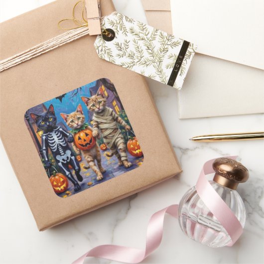 Siamese Cats Trick-or-Treating Halloween Costumes Quadratischer Aufkleber (Schenken)