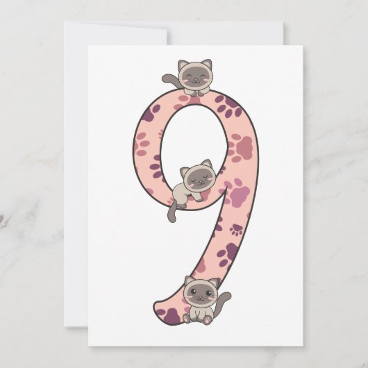 Siamese Katze 9. Geburtstag für Kinder Katzen Einl Einladung (Vorderseite)