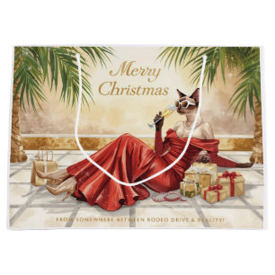 Siamese Katze Glam Weihnachten Champagner trinken Große Geschenktüte