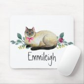 Siamese Katze Lila Blumengrün Blätter Weiß Mousepad (Mit Mouse)