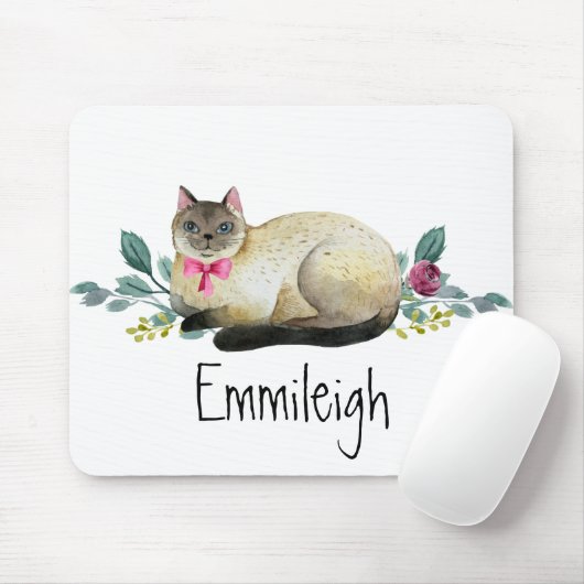 Siamese Katze Lila Blumengrün Blätter Weiß Mousepad (Mit Mouse)