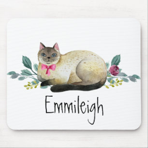 Siamese Katze Lila Blüten Grüne Blätter Weiß Mousepad