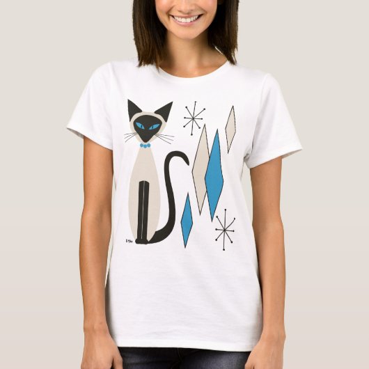 Siamese Katze mit Blue Diamonds Mitte Jahrhundert T-Shirt (Vorderseite)