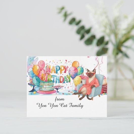 Siamese Katze mit Happy Birthday Sprichwort Postkarte (Stehend Vorderseite)