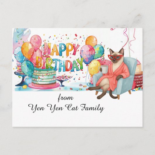 Siamese Katze mit Happy Birthday Sprichwort Postkarte (Vorderseite)