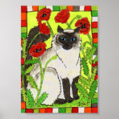 Siamese Katze mit orientalischen Poppies Folk Art Poster (Vorne)