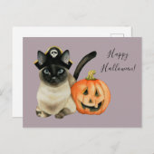 Siamese Katze mit Pirathut | Frohe Halloween Postkarte (Vorne/Hinten)