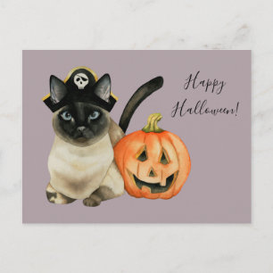 Siamese Katze mit Pirathut   Frohe Halloween Postkarte