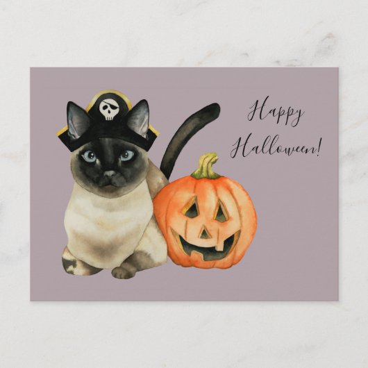 Siamese Katze mit Pirathut | Frohe Halloween Postkarte (Vorderseite)