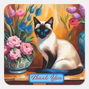 Siamese Katze und Bouquets in Vasen Vielen Dank Quadratischer Aufkleber