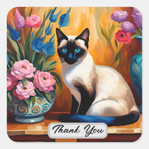 Siamese Katze und Bouquets in Vasen Vielen Dank Quadratischer Aufkleber