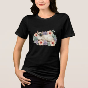 Siamese-Katze & Wasserfarbe Tropische Blumen T-Shi Tri-Blend Shirt