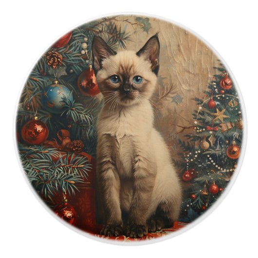 Siamese Kitten Christmas Vintag Cat Keramikknauf (Vorderseite)