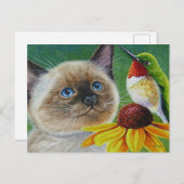 Siamese Kitten & Hummingbird Wasserfarbe Kunst & K Postkarte (Vorne/Hinten)