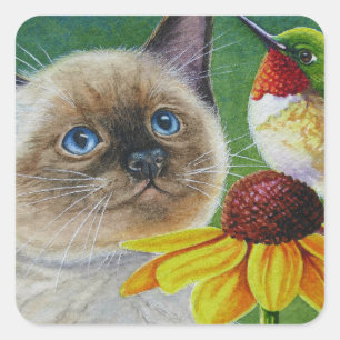 Siamese Kitten & Hummingbird Wasserfarbe Kunst & K Quadratischer Aufkleber