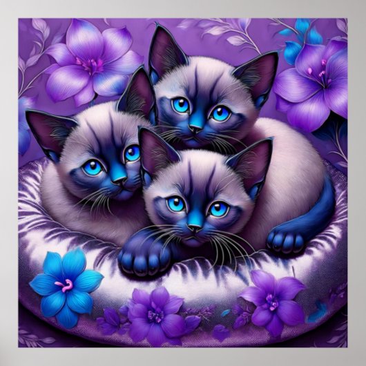 Siamese Kittens Purple Flowers Poster (Vorne)