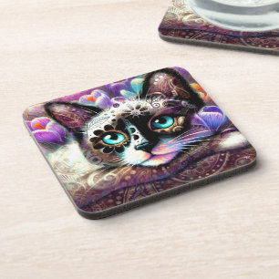 Siamese Kitty Cat Crocus Floral Lila Aquamarin Getränkeuntersetzer