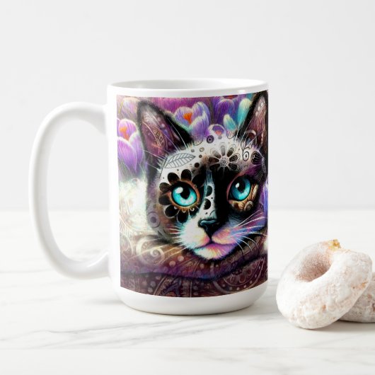 Siamese Kitty Cat Crocus Floral Lila Aquamarin Kaffeetasse (Mit Donut)