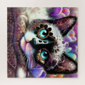 Siamese Kitty Cat Crocus Floral Lila Aquamarin Puzzle (Horizontal)