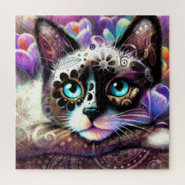 Siamese Kitty Cat Crocus Floral Lila Aquamarin Puzzle