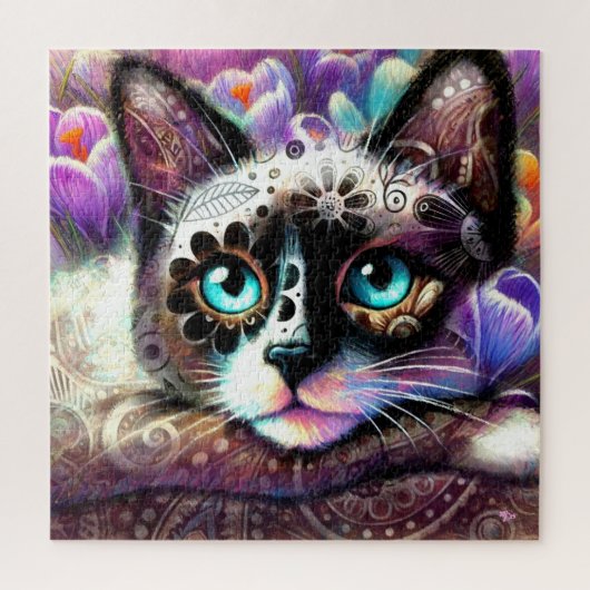 Siamese Kitty Cat Crocus Floral Lila Aquamarin Puzzle (Vertikal)