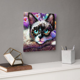 Siamese Kitty Cat Crocus Floral Lila Aquamarin Quadratische Wanduhr