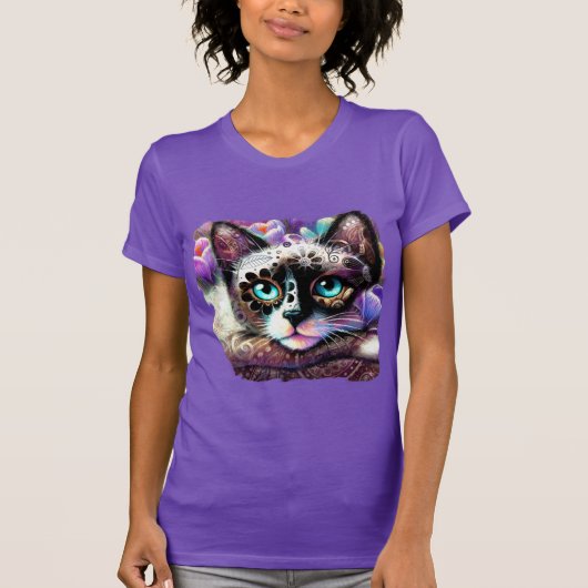 Siamese Kitty Cat Crocus Floral Lila Aquamarin T-Shirt (Vorderseite)