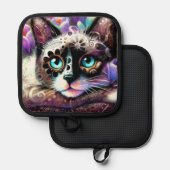 Siamese Kitty Cat Crocus Floral Lila Aquamarin Topflappen (Vorderseite/Rückseite)