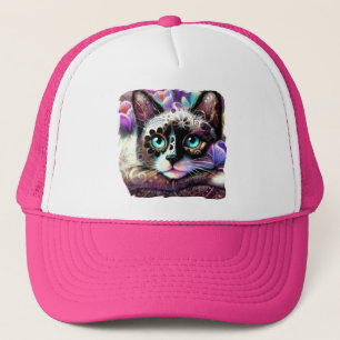 Siamese Kitty Cat Crocus Floral Lila Aquamarin Truckerkappe