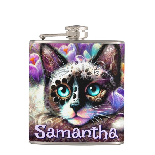 Siamese White Kitty Cat Crocus Floral Personalisie Flachmann (Vorderseite)