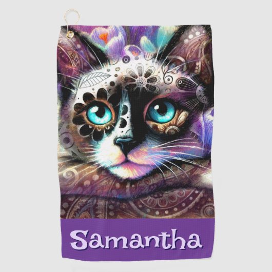 Siamese White Kitty Cat Crocus Floral Personalisie Golfhandtuch (Vorderseite)