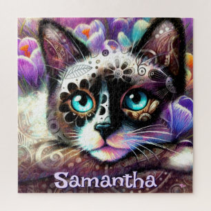 Siamese White Kitty Cat Crocus Floral Personalisie Puzzle